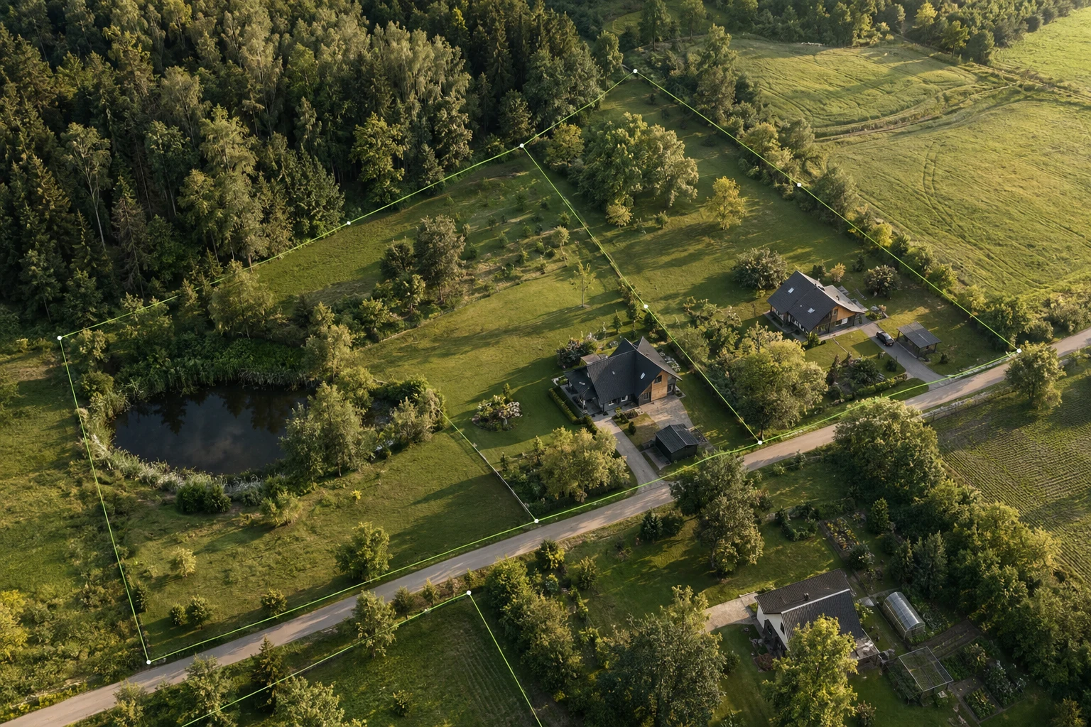Iliustracinis teritorijos vaizdas iš oro su sklypų ribų motyvu